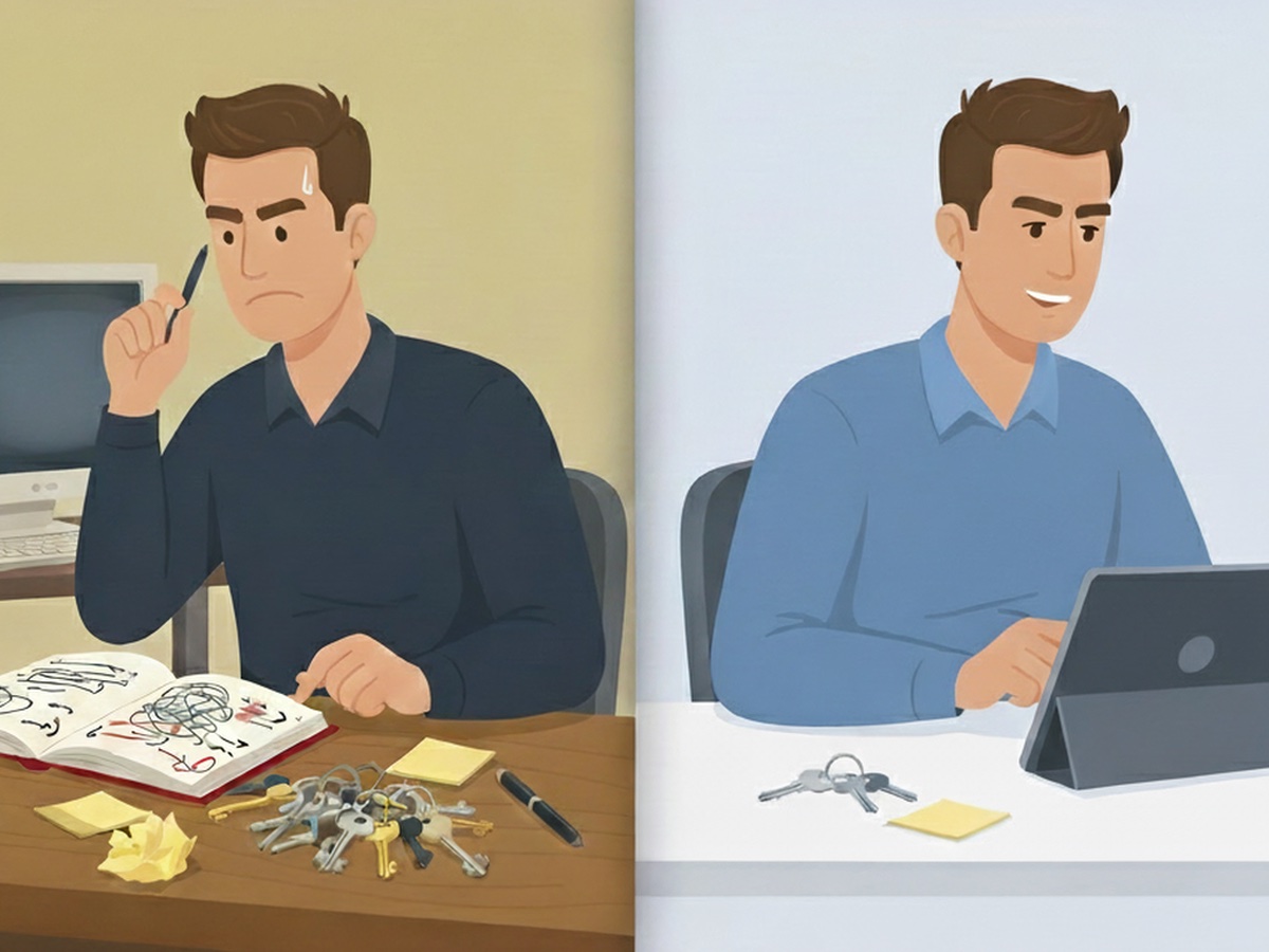 Split-screen comparison showing manual key management with chaos, stress, and scattered keys on the left, versus organized digital key management with Livion KeyRegister on a tablet showing order and efficiency on the right